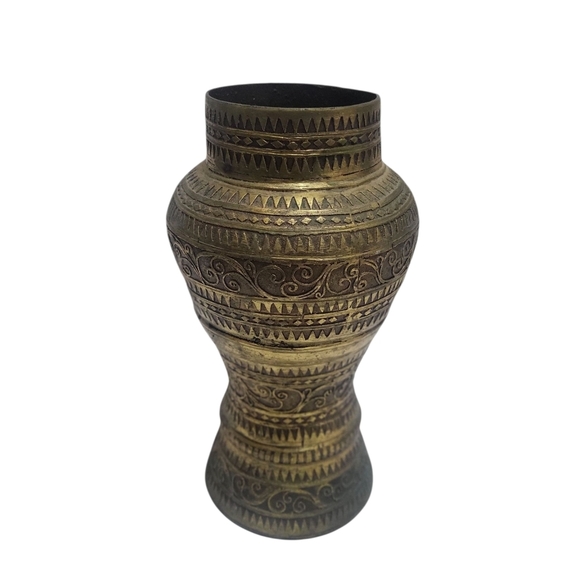 Ornate Brass Vase – Intricate Geometric & Floral Engraving - Picture 2 of 7